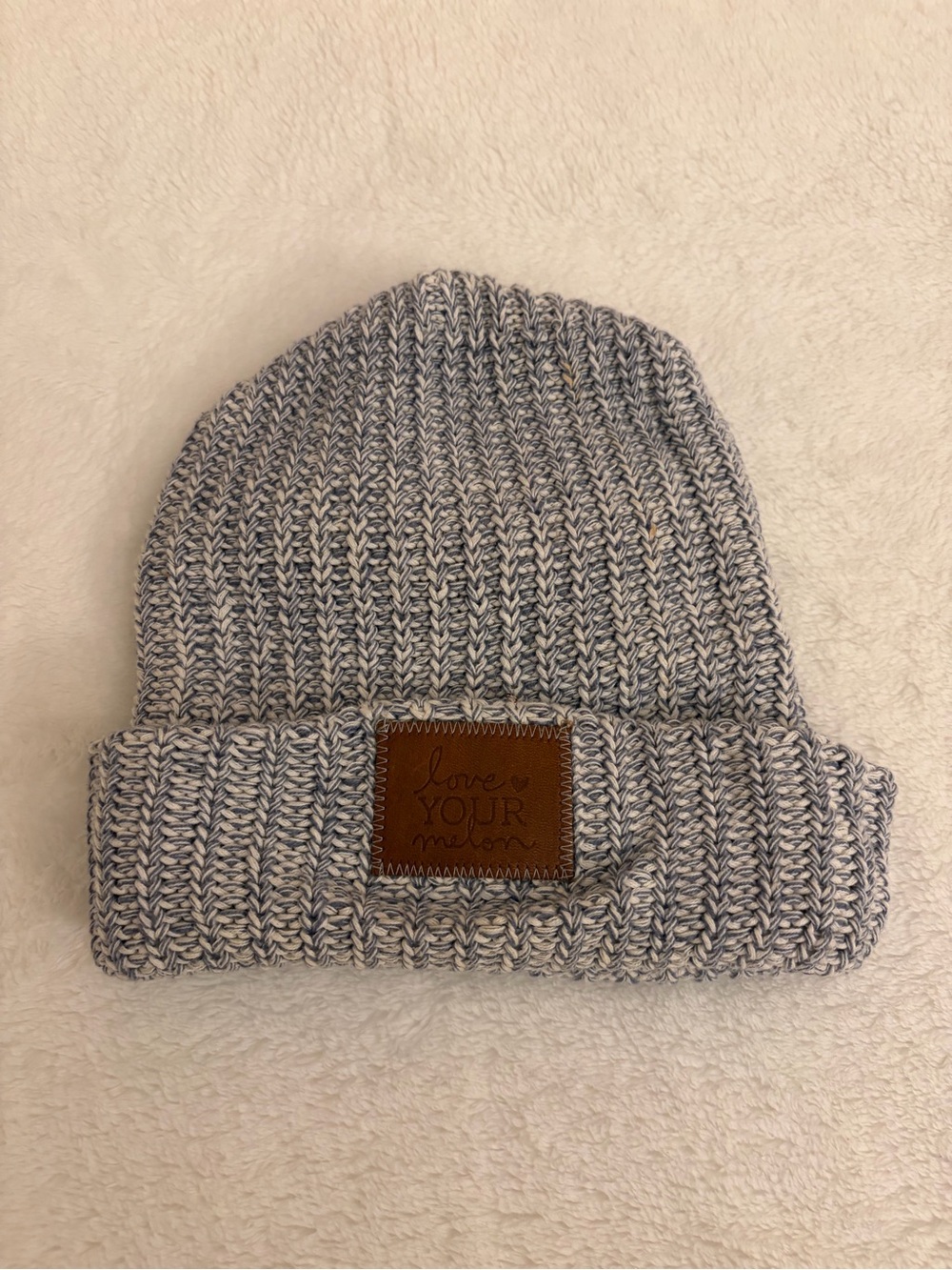 Love Your Melon Blue Speckled Marled Knit Cuffed Beanie with Leather Patch